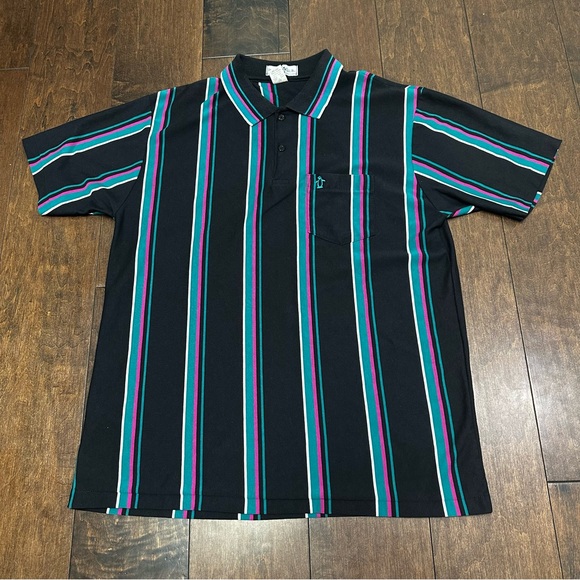 Vintage Penguin Club Men’s Short Sleeve Polo Black Green Striped Great‎ Shape - Picture 1 of 8